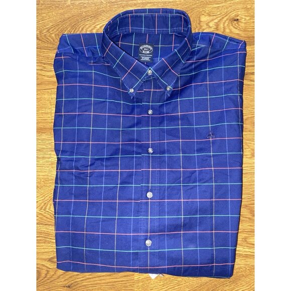 NWT Brooks Brothers Mens Navy Plaid Long Sleeve Button Front Shirt 2XLT - Picture 1 of 5